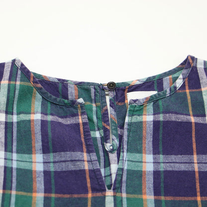 チェック柄 ノースリーブ スキッパー ブラウス / プルオーバー Vネック Aライン コットン リネン