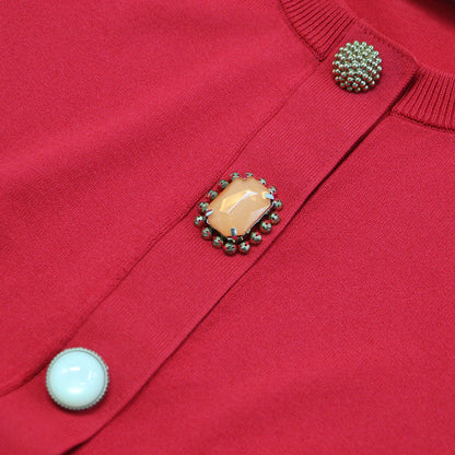 ビジューボタン ニット カーディガン / プルオーバー 長袖 クルーネック スナップボタン