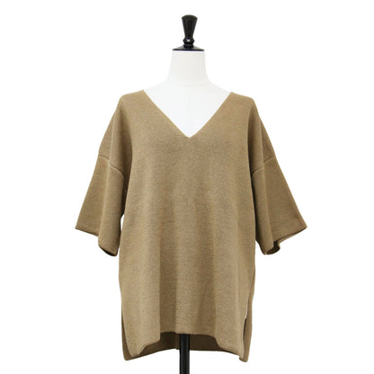 25春夏 ロゴ 刺繍 オーバーサイズ Vネック 半袖 ニット / セーター プルオーバー ワイド スリット リネン シルク コットン