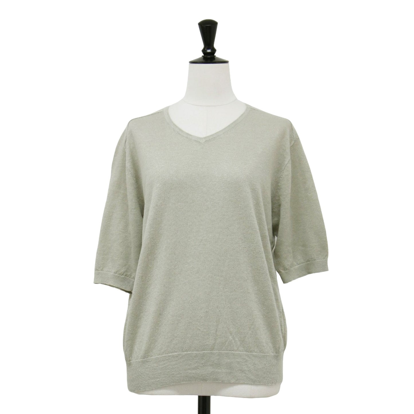 リネン Vネック 半袖 ニット / プルオーバー 5分袖 はしごレース