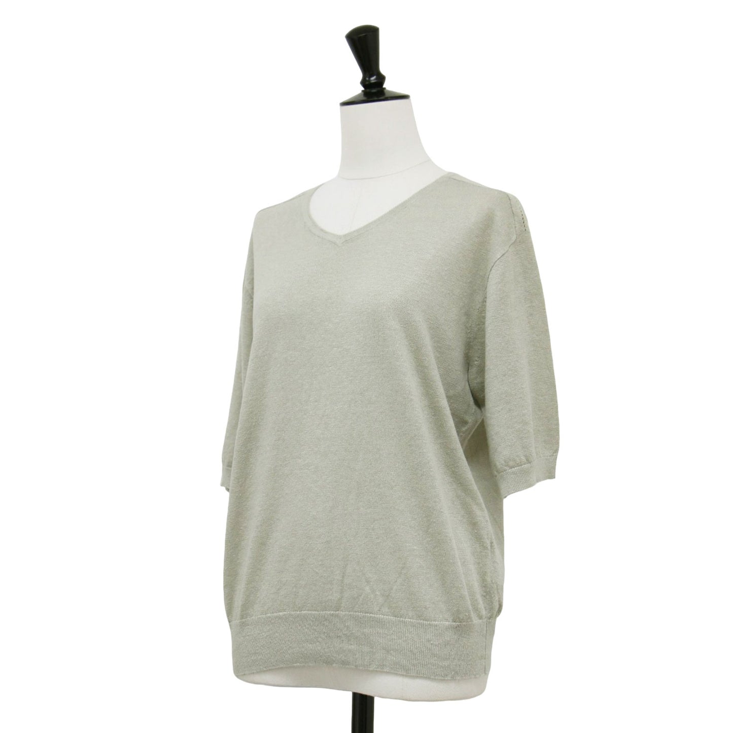 リネン Vネック 半袖 ニット / プルオーバー 5分袖 はしごレース