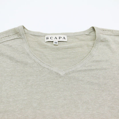 リネン Vネック 半袖 ニット / プルオーバー 5分袖 はしごレース