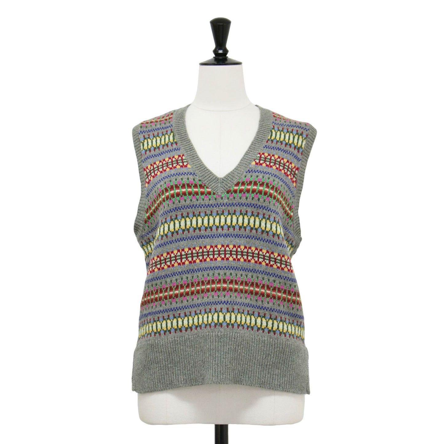 フェア アイル Vネック ボーダー ニット ベスト / プルオーバー ノースリーブ 総柄 スリット シルク コットン カシミヤ