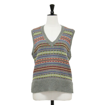 フェア アイル Vネック ボーダー ニット ベスト / プルオーバー ノースリーブ 総柄 スリット シルク コットン カシミヤ