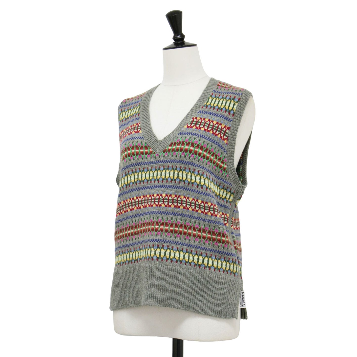 フェア アイル Vネック ボーダー ニット ベスト / プルオーバー ノースリーブ 総柄 スリット シルク コットン カシミヤ