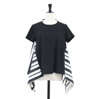 20春夏 コットン ポプリン アシンメトリー シャツカットソー / プルオーバー 半袖 クルーネック ストライプ ドッキング 異素材
