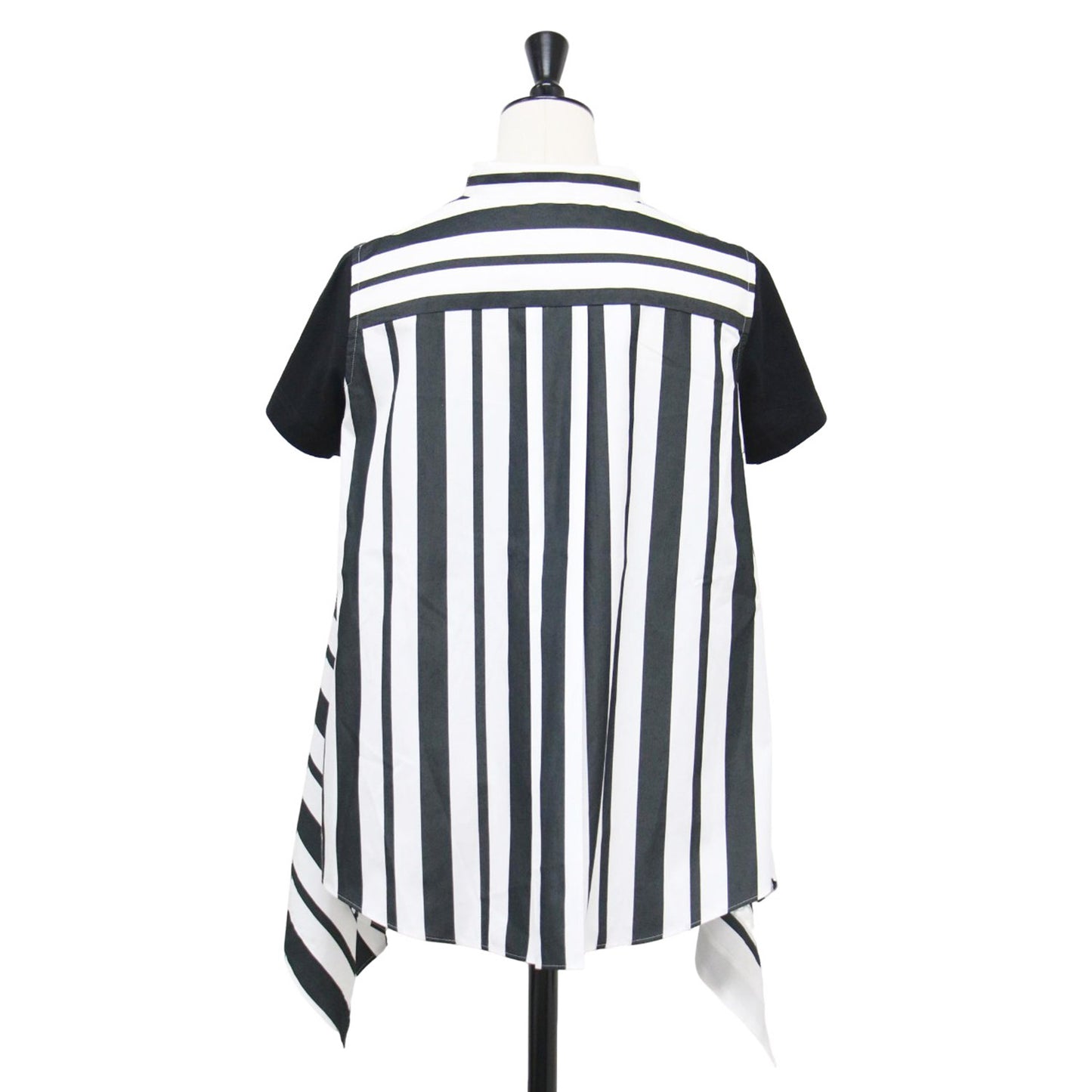 20春夏 コットン ポプリン アシンメトリー シャツカットソー / プルオーバー 半袖 クルーネック ストライプ ドッキング 異素材