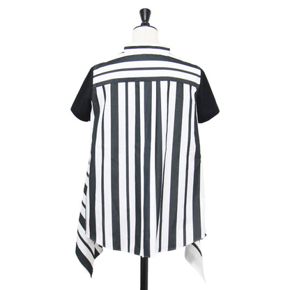 20春夏 コットン ポプリン アシンメトリー シャツカットソー / プルオーバー 半袖 クルーネック ストライプ ドッキング 異素材