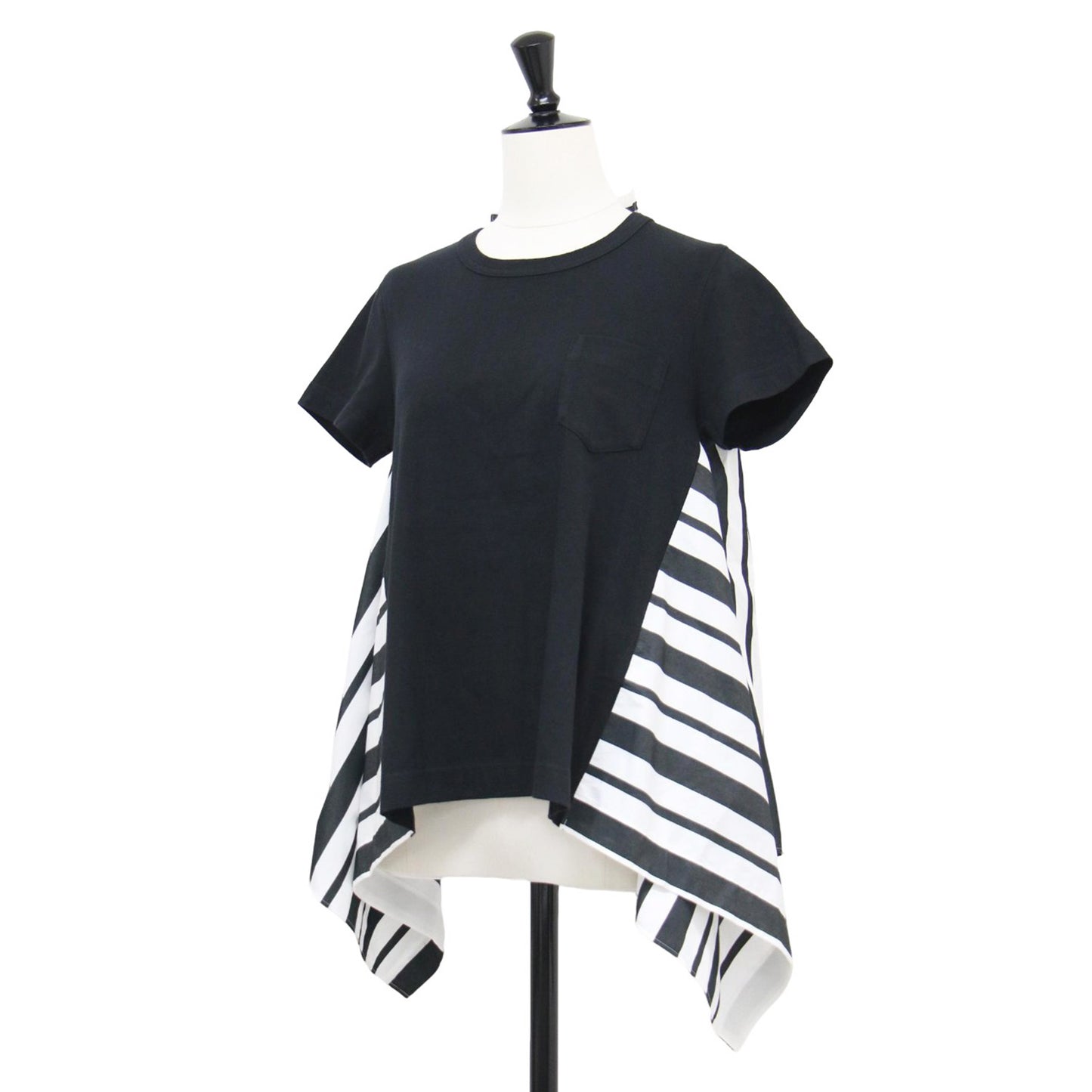 20春夏 コットン ポプリン アシンメトリー シャツカットソー / プルオーバー 半袖 クルーネック ストライプ ドッキング 異素材