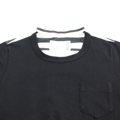 20春夏 コットン ポプリン アシンメトリー シャツカットソー / プルオーバー 半袖 クルーネック ストライプ ドッキング 異素材