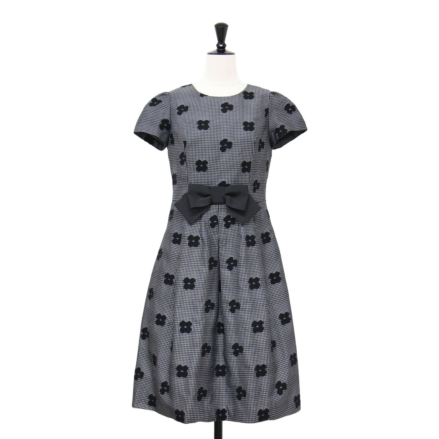 ギンガムチェック 花柄 ショートスリーブ ワンピース / ドレス 半袖 ミディ丈 フロッキー リボン