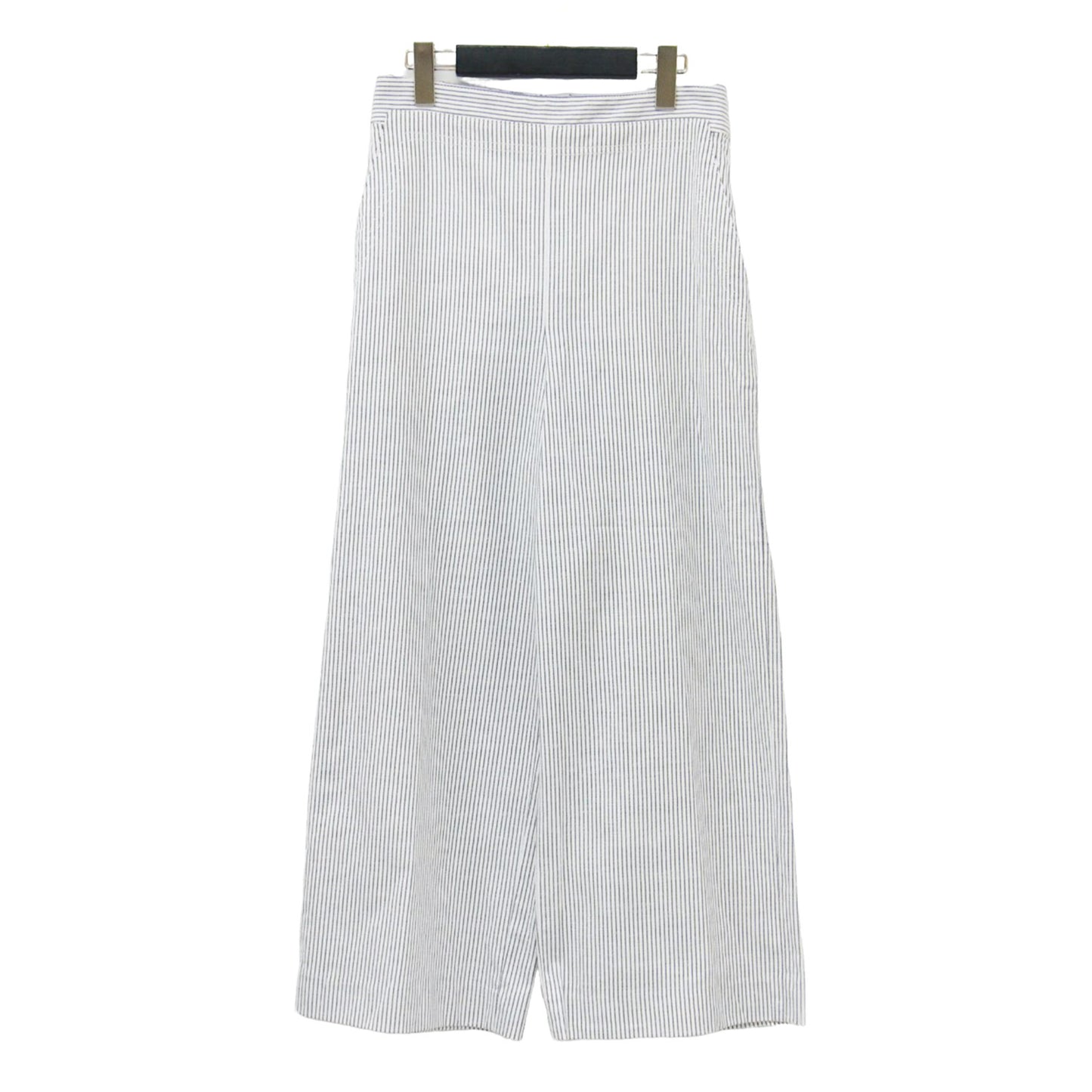 リネン コットン ストレッチ セミワイド パンツ / ハイウエスト クロップド丈 ヒッコリー ストライプ