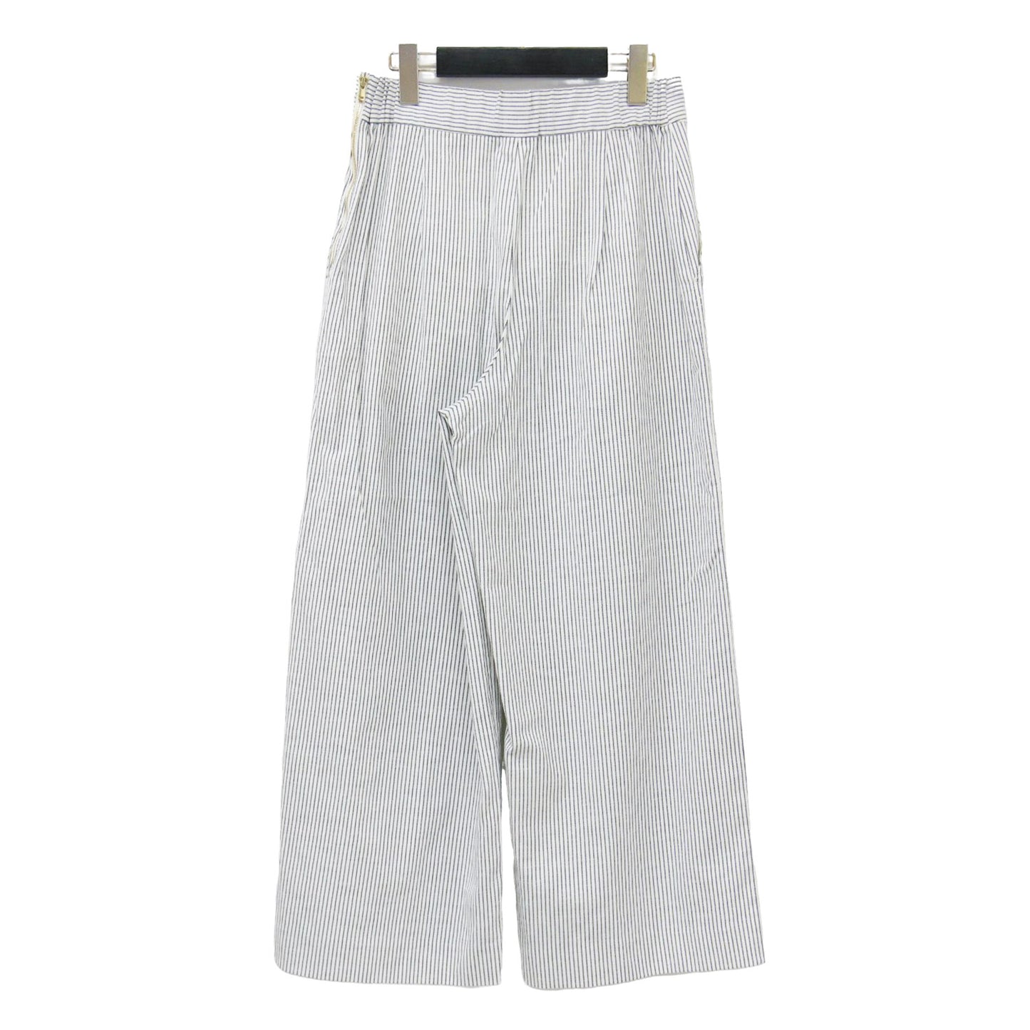 リネン コットン ストレッチ セミワイド パンツ / ハイウエスト クロップド丈 ヒッコリー ストライプ