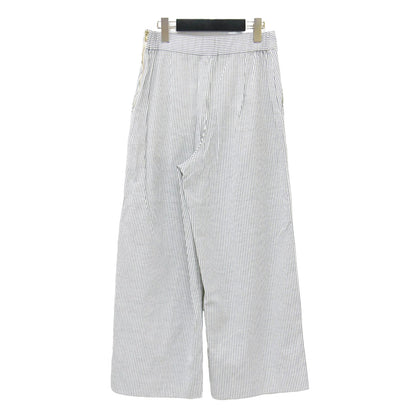 リネン コットン ストレッチ セミワイド パンツ / ハイウエスト クロップド丈 ヒッコリー ストライプ