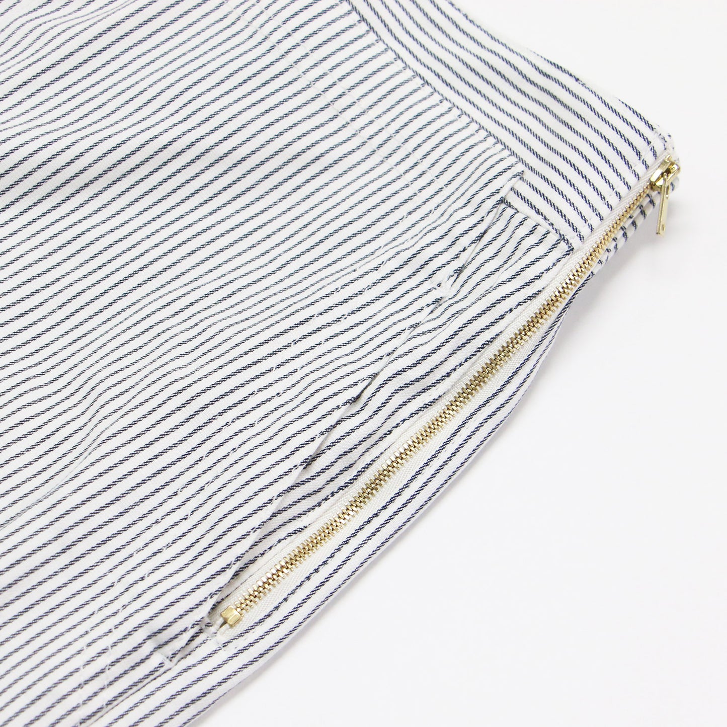 リネン コットン ストレッチ セミワイド パンツ / ハイウエスト クロップド丈 ヒッコリー ストライプ