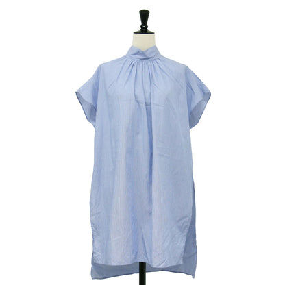 22春夏 コットン ブロード スタンドカラー チュニック ブラウス / シャツ ハイネック 半袖 フレンチスリーブ ギャザー コットン