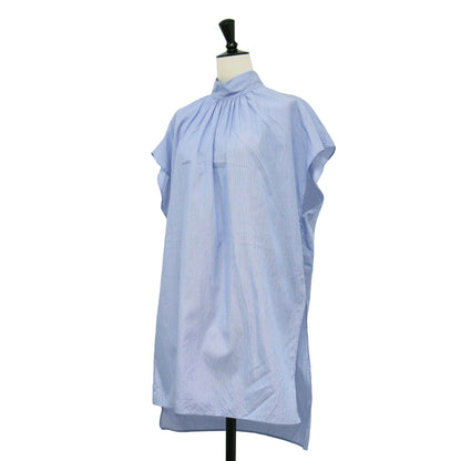 22春夏 コットン ブロード スタンドカラー チュニック ブラウス / シャツ ハイネック 半袖 フレンチスリーブ ギャザー コットン