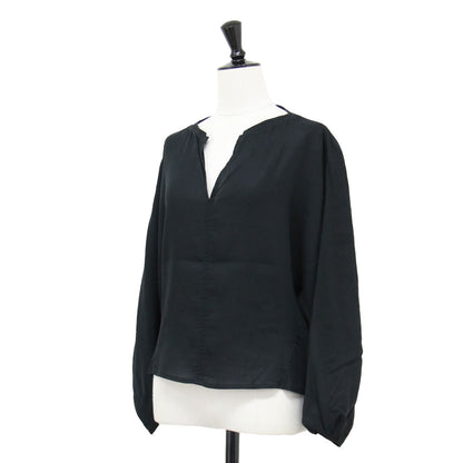 コットン ボイル ダブルクロス キーネック プルオーバー / ブラウス 長袖 Vネック ドルマンスリーブ ショート丈