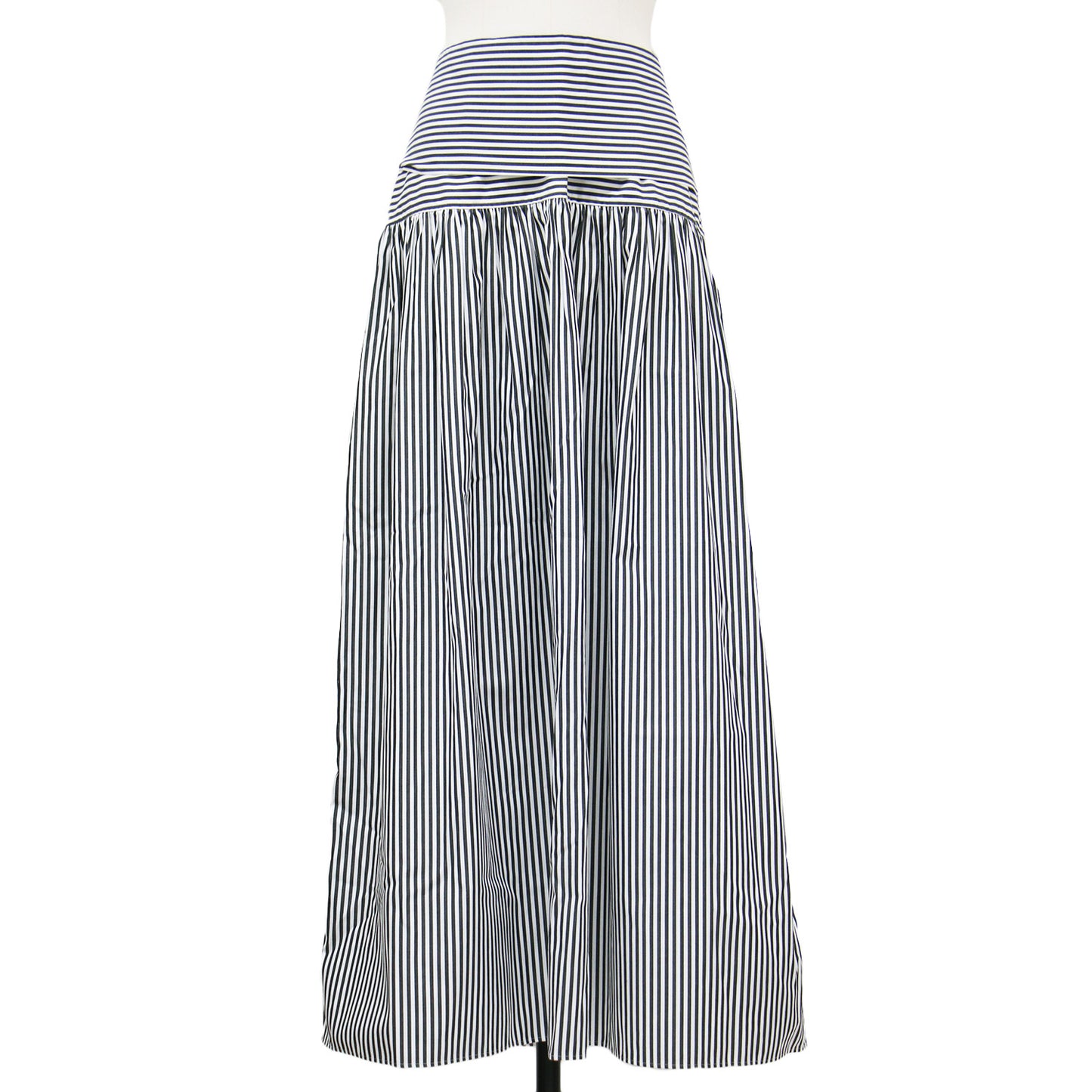 21春夏 ストライプ ギャザー スカート / マキシ丈 フレア リボン コットン
