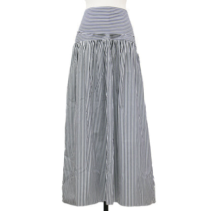 21春夏 ストライプ ギャザー スカート / マキシ丈 フレア リボン コットン