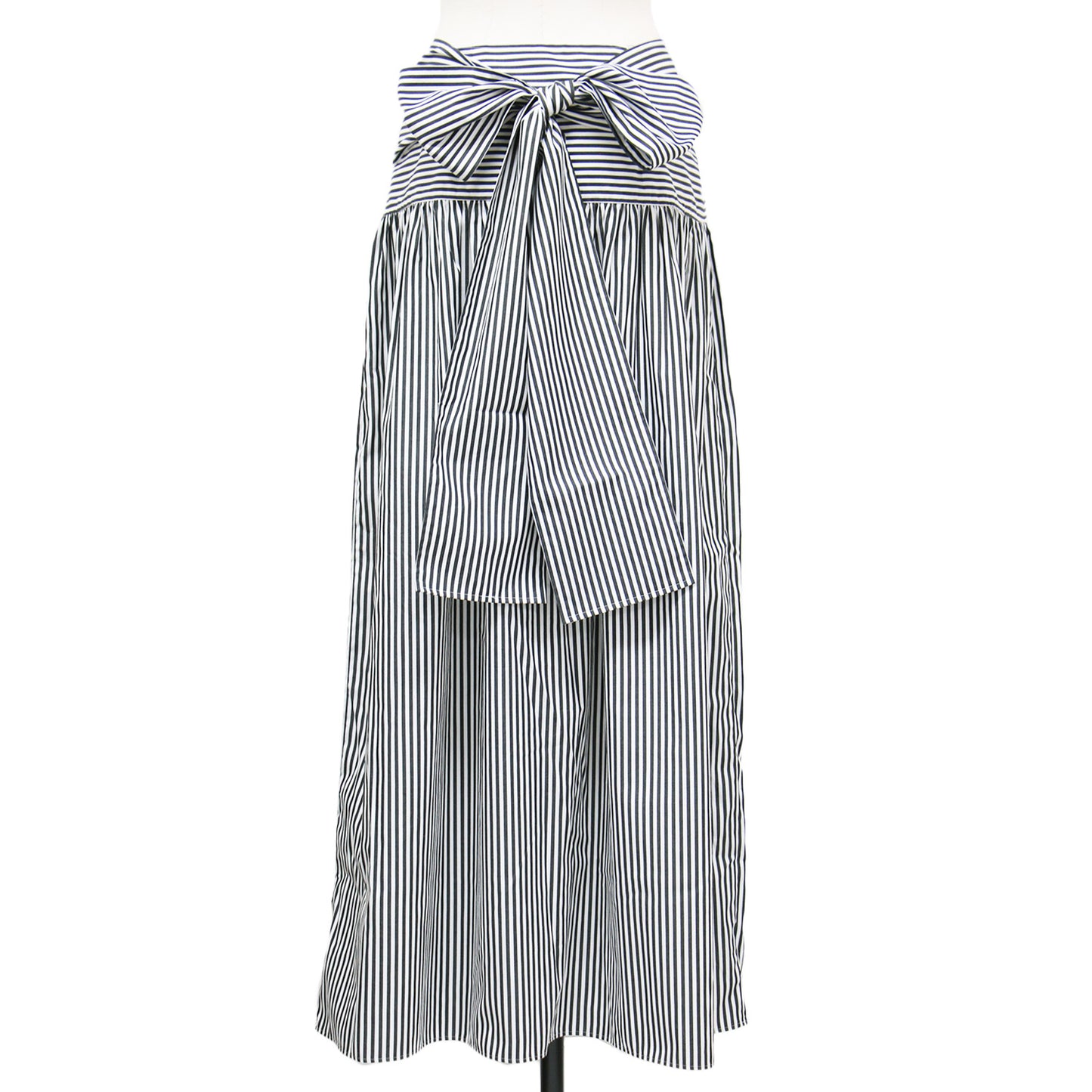 21春夏 ストライプ ギャザー スカート / マキシ丈 フレア リボン コットン