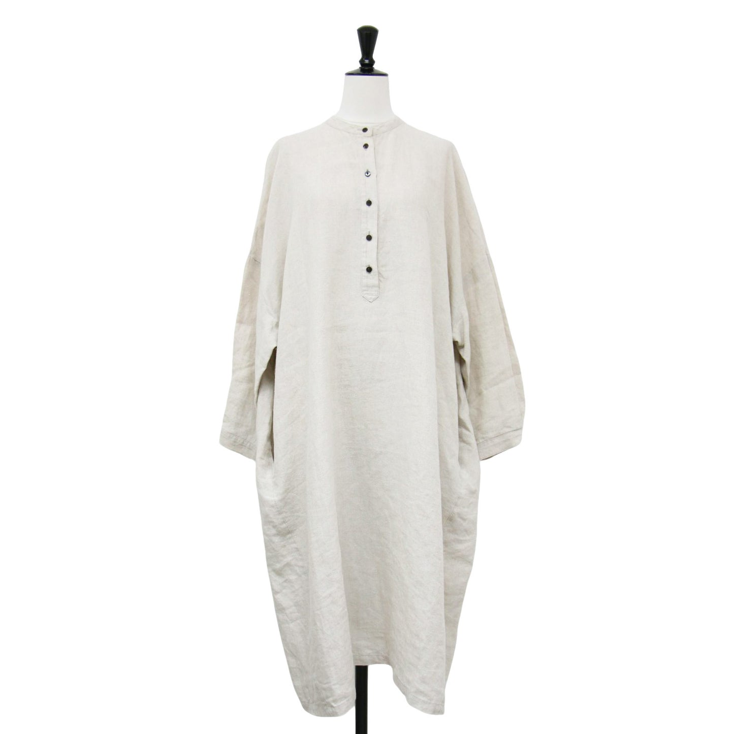 シャトルリネン バンドカラー ワンピース / ロング丈 長袖 ノーカラー ドロップショルダー ワイドシルエット