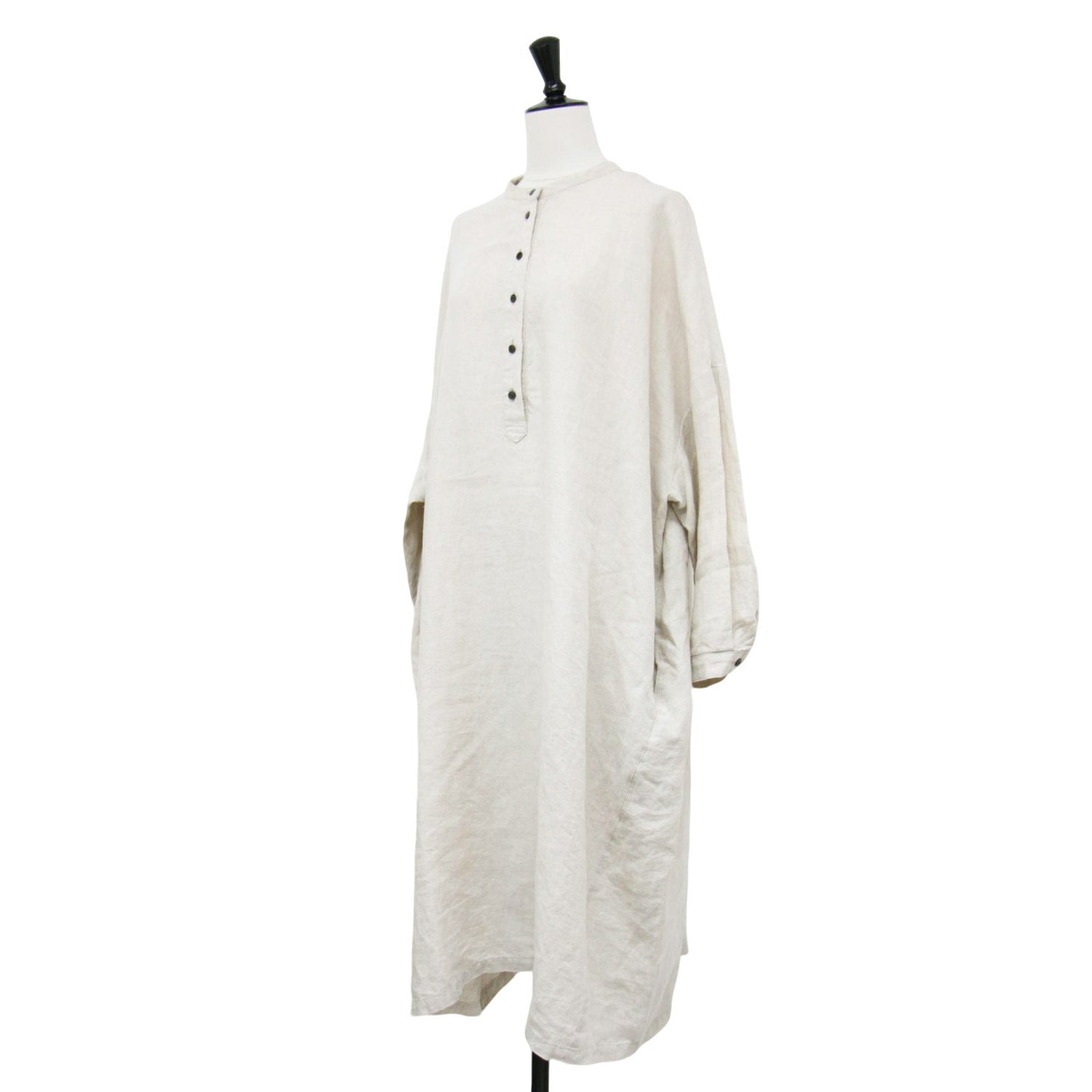 シャトルリネン バンドカラー ワンピース / ロング丈 長袖 ノーカラー ドロップショルダー ワイドシルエット