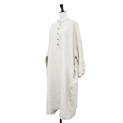 シャトルリネン バンドカラー ワンピース / ロング丈 長袖 ノーカラー ドロップショルダー ワイドシルエット