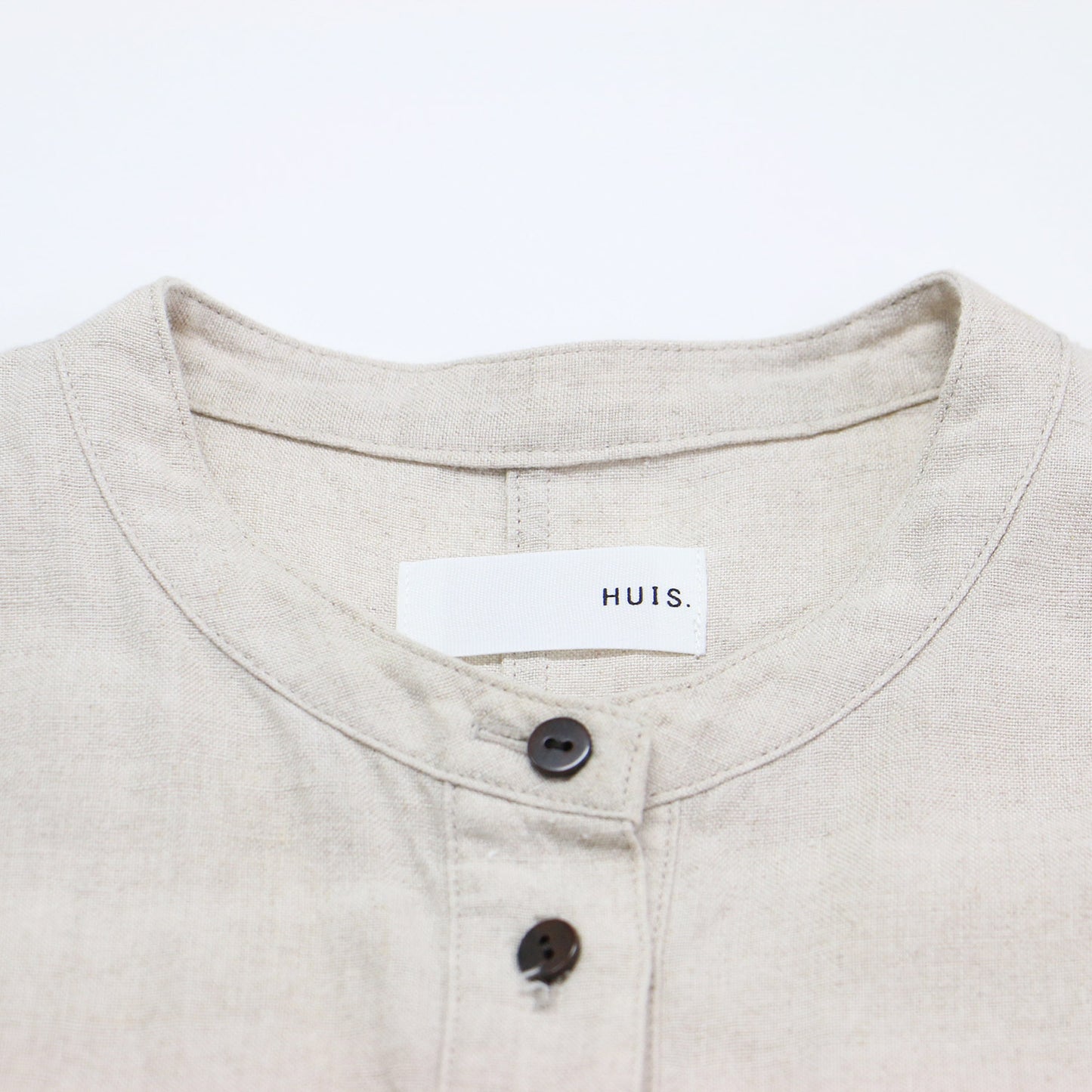 シャトルリネン バンドカラー ワンピース / ロング丈 長袖 ノーカラー ドロップショルダー ワイドシルエット