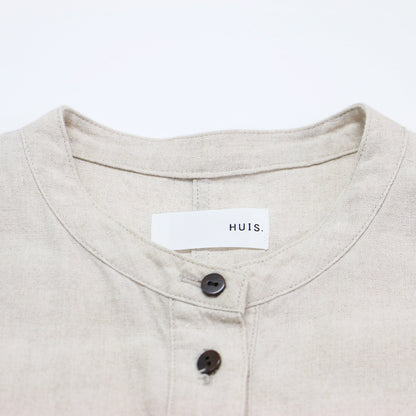 シャトルリネン バンドカラー ワンピース / ロング丈 長袖 ノーカラー ドロップショルダー ワイドシルエット