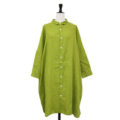 シャトルリネン ロングシャツ / チュニック 長袖 ドロップショルダー ワイド ロゴ 刺繍