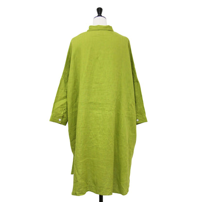 シャトルリネン ロングシャツ / チュニック 長袖 ドロップショルダー ワイド ロゴ 刺繍