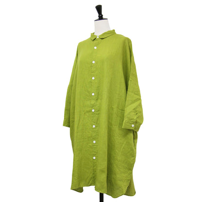 シャトルリネン ロングシャツ / チュニック 長袖 ドロップショルダー ワイド ロゴ 刺繍