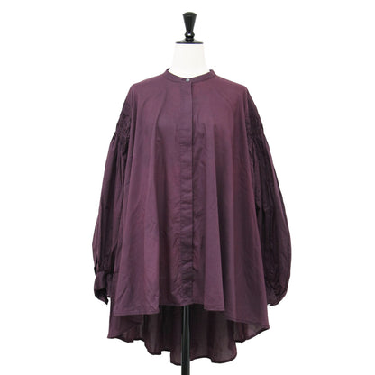 24秋冬 ピンタック パフスリーブ シャツ / チュニック 長袖 バルーンスリーブ スタンドカラー フレア