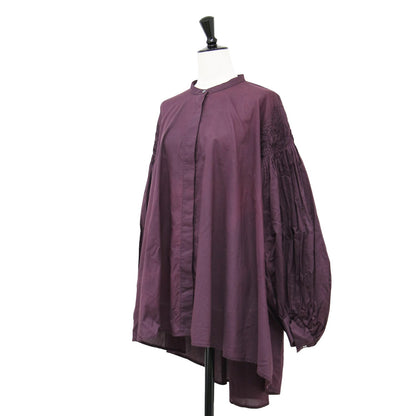 24秋冬 ピンタック パフスリーブ シャツ / チュニック 長袖 バルーンスリーブ スタンドカラー フレア