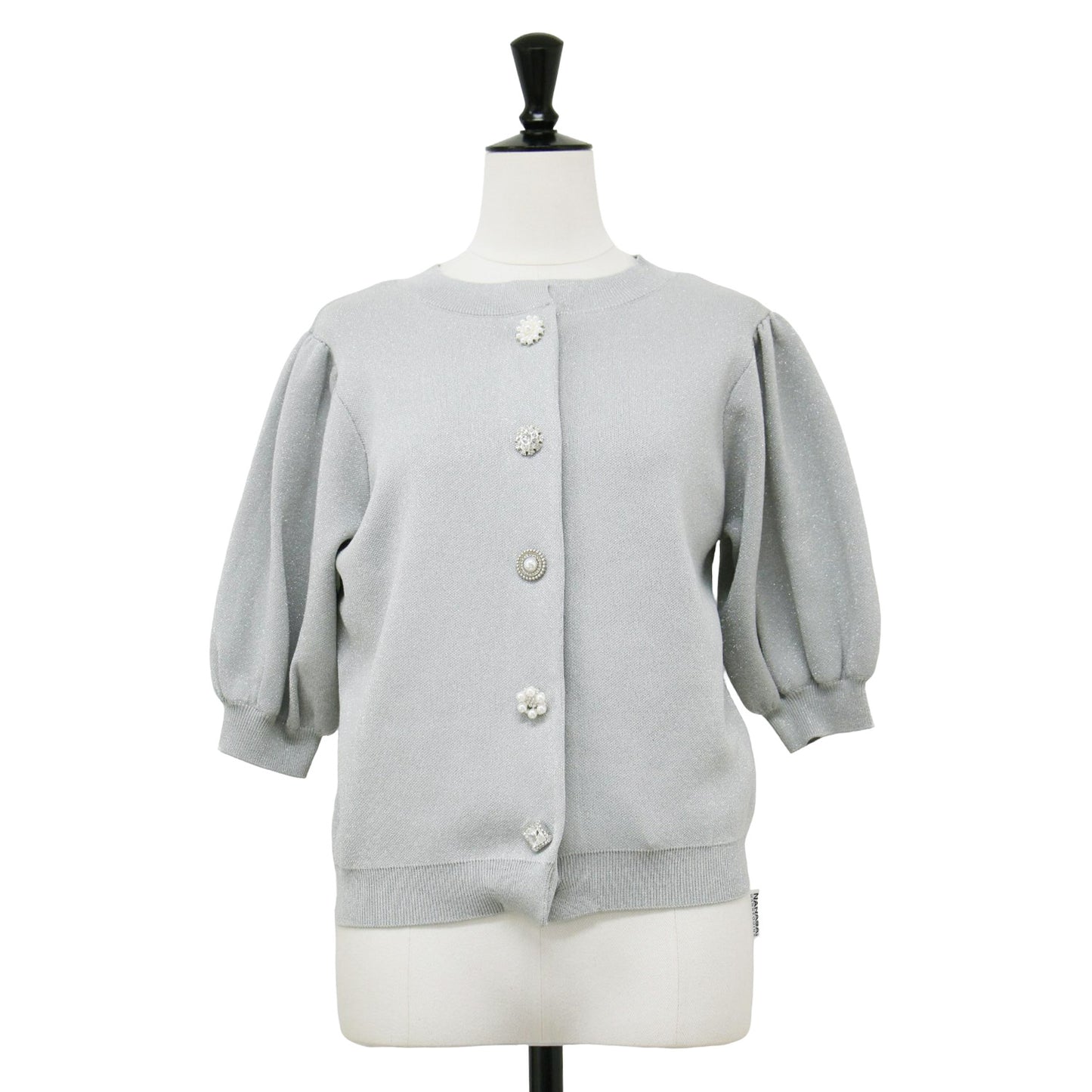 24秋冬 パフスリーブ ラメ ニット 半袖 カーディガン / クルーネック 5分袖 ビジューボタン