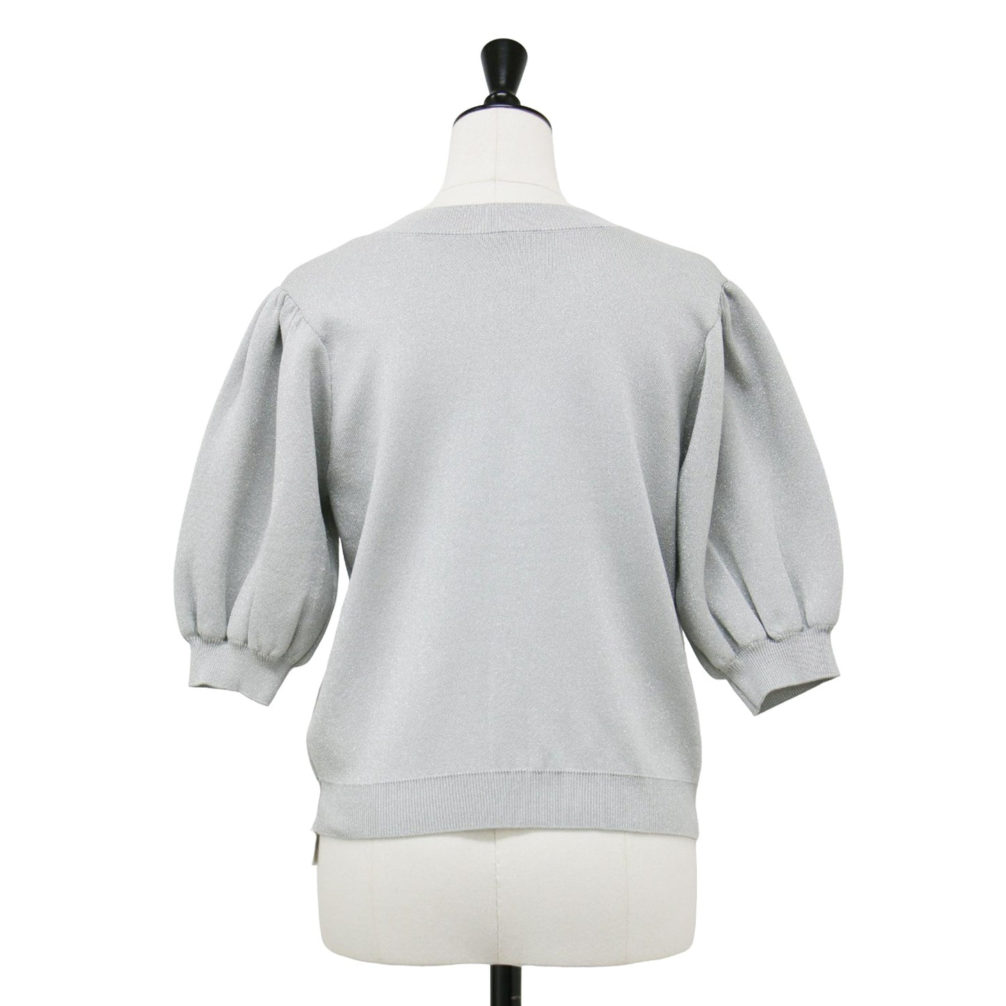 24秋冬 パフスリーブ ラメ ニット 半袖 カーディガン / クルーネック 5分袖 ビジューボタン