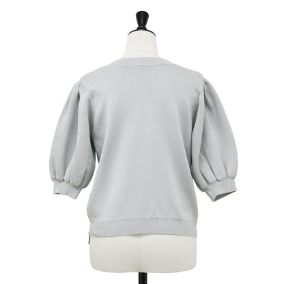 24秋冬 パフスリーブ ラメ ニット 半袖 カーディガン / クルーネック 5分袖 ビジューボタン