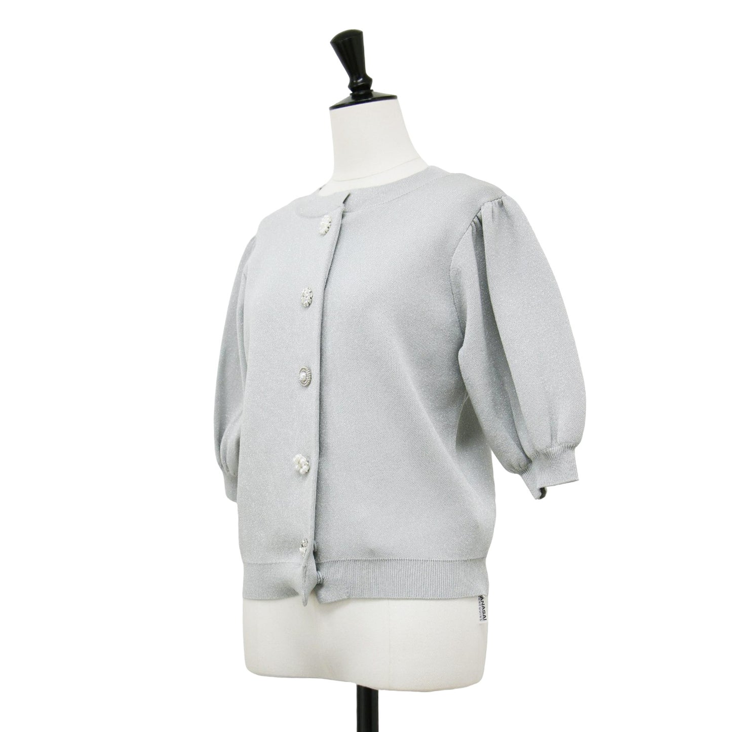 24秋冬 パフスリーブ ラメ ニット 半袖 カーディガン / クルーネック 5分袖 ビジューボタン