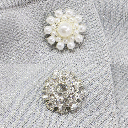 24秋冬 パフスリーブ ラメ ニット 半袖 カーディガン / クルーネック 5分袖 ビジューボタン