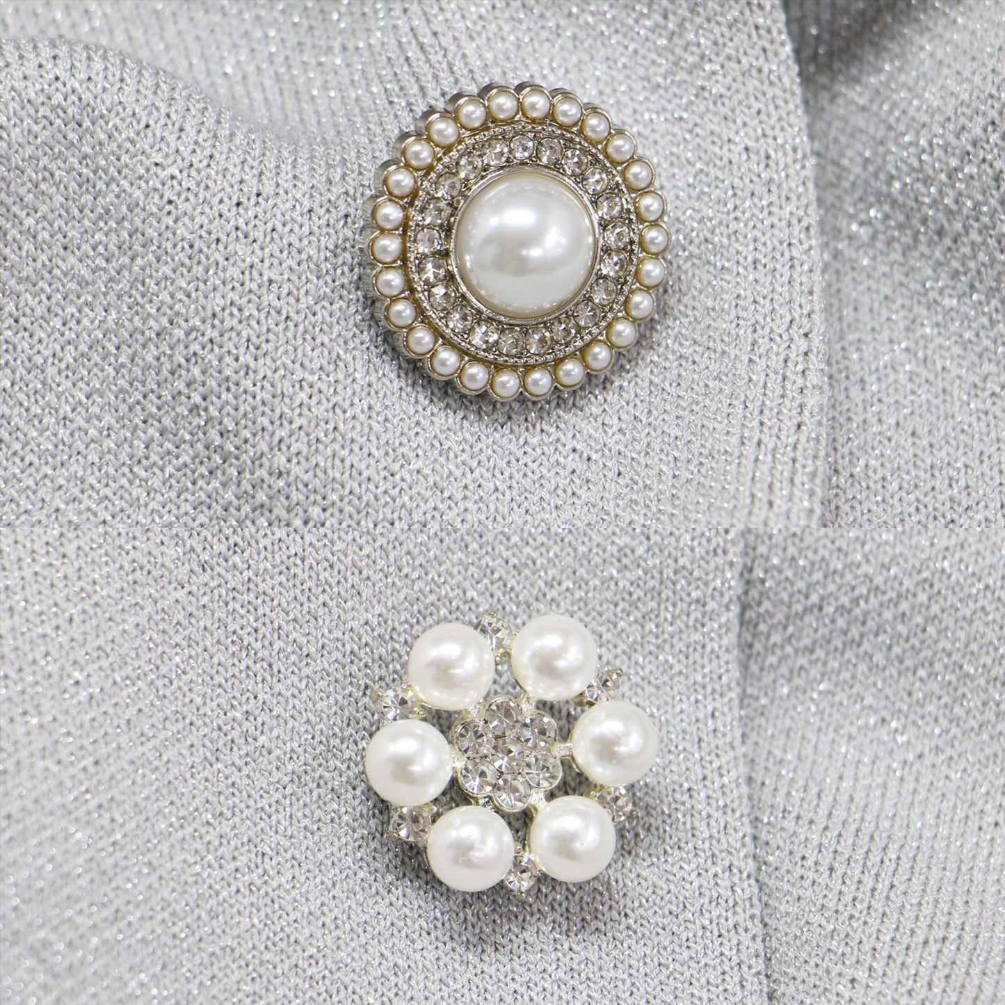 24秋冬 パフスリーブ ラメ ニット 半袖 カーディガン / クルーネック 5分袖 ビジューボタン