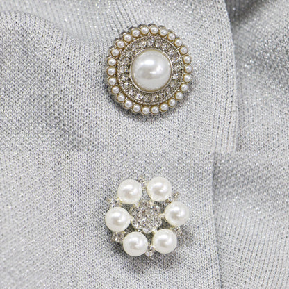 24秋冬 パフスリーブ ラメ ニット 半袖 カーディガン / クルーネック 5分袖 ビジューボタン