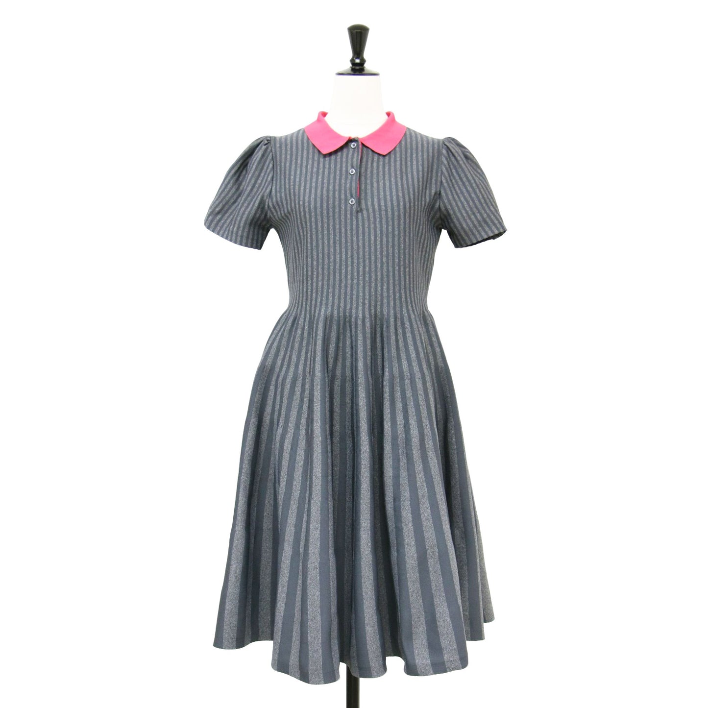 24秋冬 ストライプ Aライン ワンピース / ミディ丈 半袖 パフスリーブ ニット