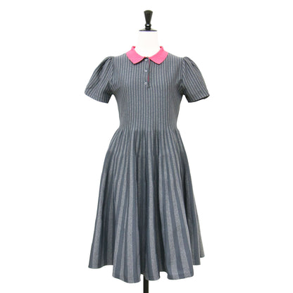 24秋冬 ストライプ Aライン ワンピース / ミディ丈 半袖 パフスリーブ ニット