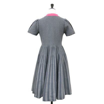 24秋冬 ストライプ Aライン ワンピース / ミディ丈 半袖 パフスリーブ ニット