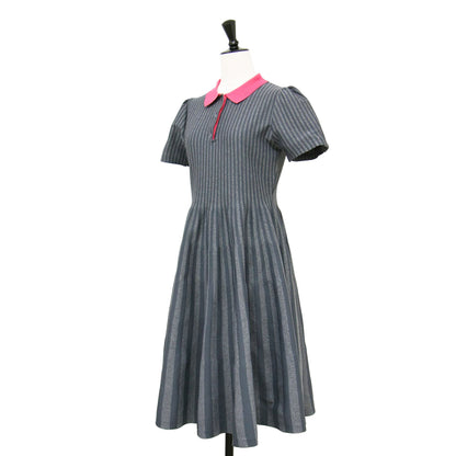 24秋冬 ストライプ Aライン ワンピース / ミディ丈 半袖 パフスリーブ ニット