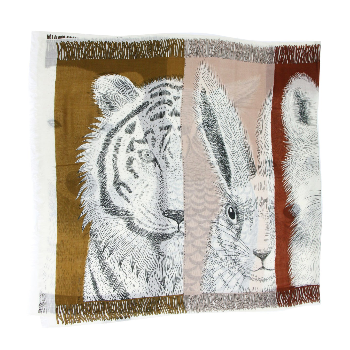 21秋冬 5匹のアニマル柄 ストール / マフラー 大判 フリンジ ウール