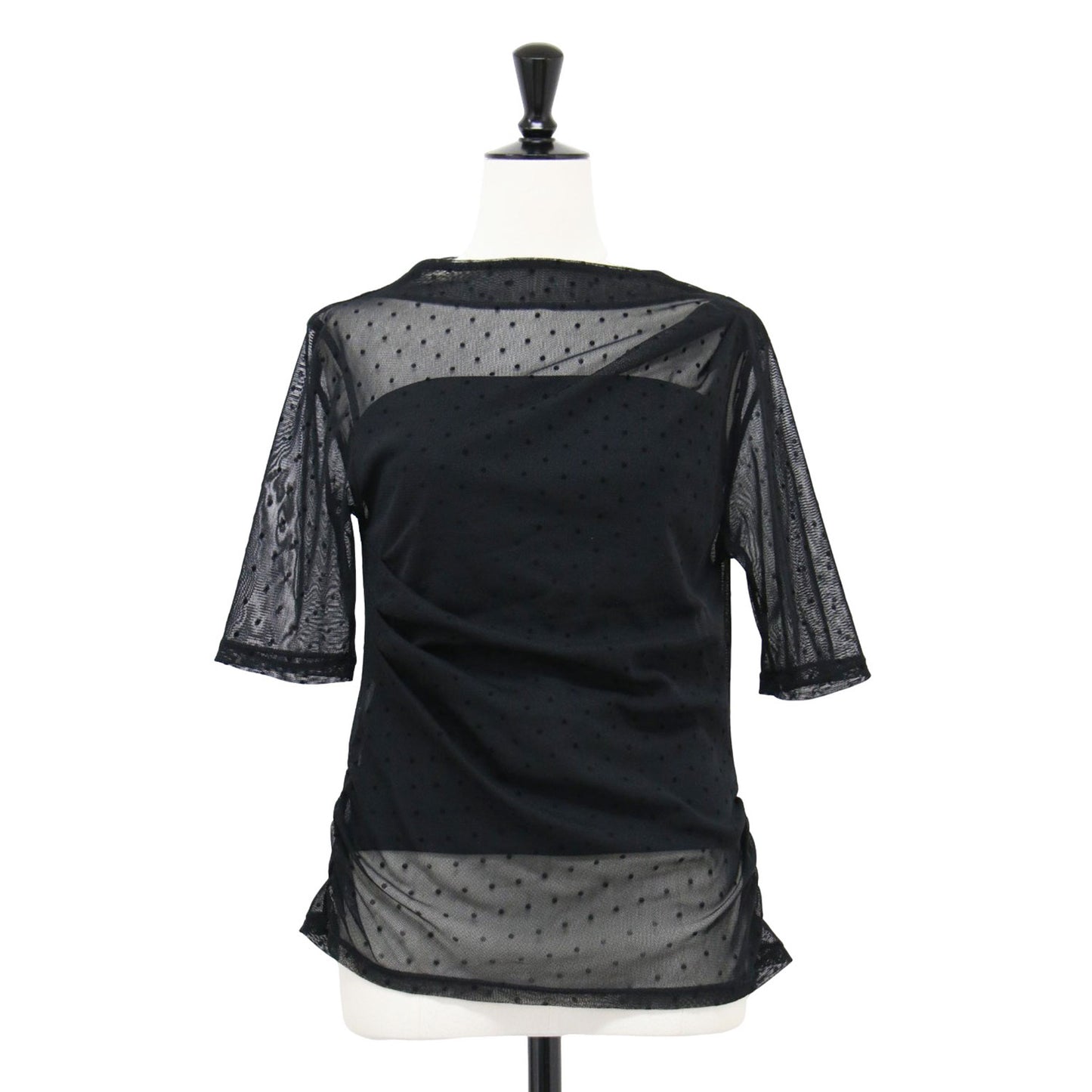 24春夏 フロッキー チュール 半袖 トップス / カットソー スタンドネック ドレープ シアー ドット柄