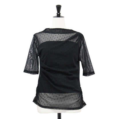 24春夏 フロッキー チュール 半袖 トップス / カットソー スタンドネック ドレープ シアー ドット柄