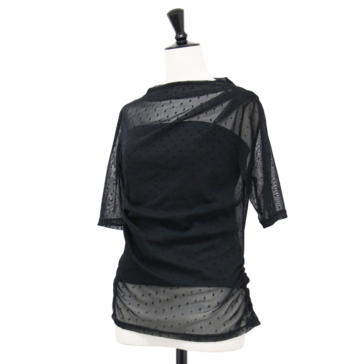 24春夏 フロッキー チュール 半袖 トップス / カットソー スタンドネック ドレープ シアー ドット柄